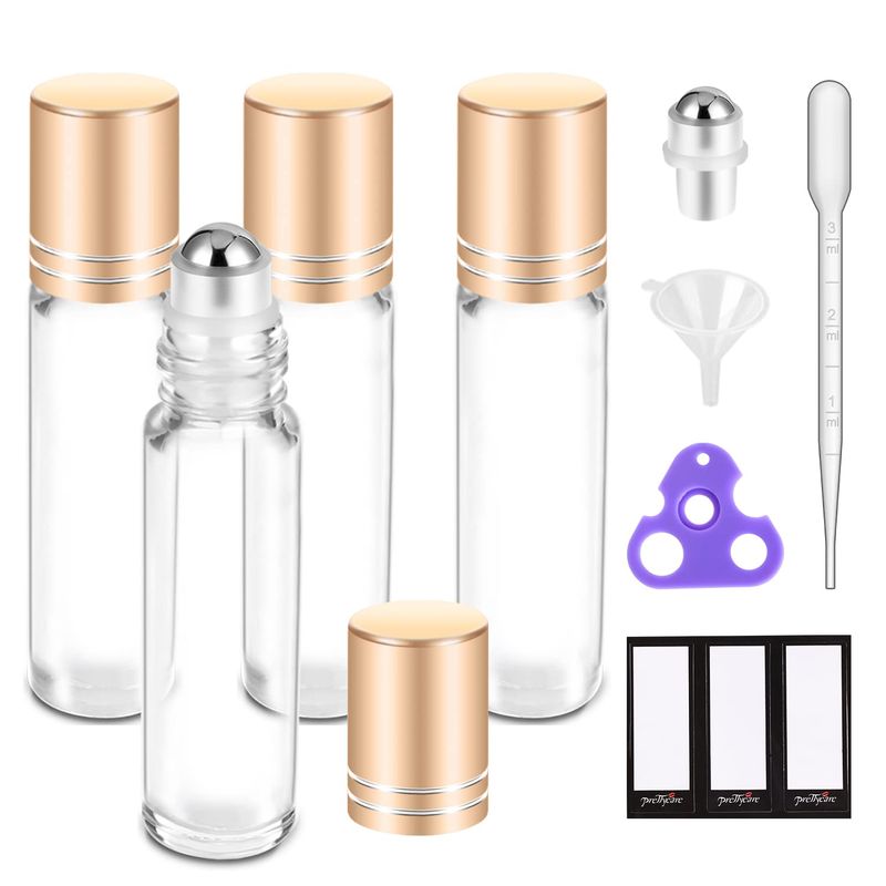 PrettyCare Essential oil Roller Bottles for Oils 10ml Glass Clear Perfume Bottles Empty with Extra Roller Balls, Opener, Funnel, Pipette, Labels, 4pack Roll on Bottles