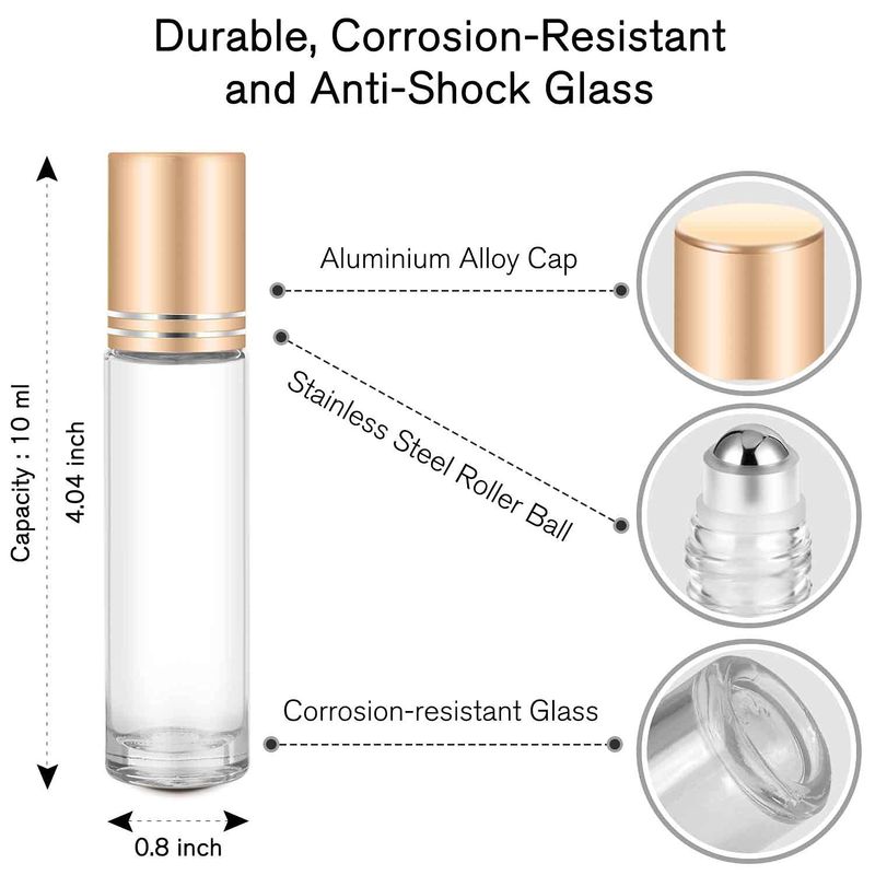 PrettyCare Essential oil Roller Bottles for Oils 10ml Glass Clear Perfume Bottles Empty with Extra Roller Balls, Opener, Funnel, Pipette, Labels, 4pack Roll on Bottles