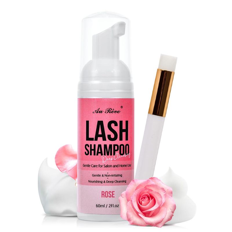 Lash Shampoo for Lash Extensions 60 Ml2fl.oz Eyelash Extension Cleanser Oil Free Lash Cleanser for Eyelash Care, Gentle Foaming Eyelash Shampoo with Brush for Salon Home Care (Rose 60ml)