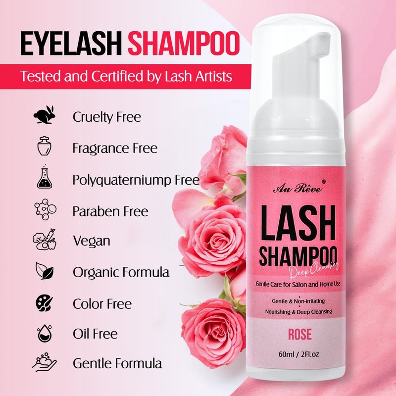 Lash Shampoo for Lash Extensions 60 Ml2fl.oz Eyelash Extension Cleanser Oil Free Lash Cleanser for Eyelash Care, Gentle Foaming Eyelash Shampoo with Brush for Salon Home Care (Rose 60ml)