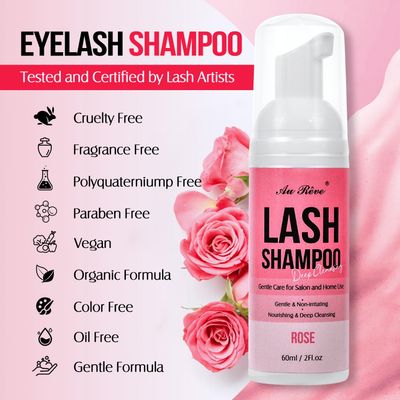 Lash Shampoo for Lash Extensions 60 Ml2fl.oz Eyelash Extension Cleanser Oil Free Lash Cleanser for Eyelash Care, Gentle Foaming Eyelash Shampoo with Brush for Salon Home Care (Rose 60ml)
