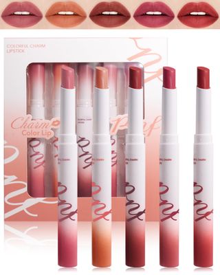 Matte Lipstick Kit-5 Colors Lip Tint Stain,Tube Crayon Lipstick Pen,Tinted Lip Gloss,Ruby Red Nude Dark Brown Plum Lipcolor Longlasting 24 hours Waterproof Labiales Mate,Makeup Gift for Women-Set A