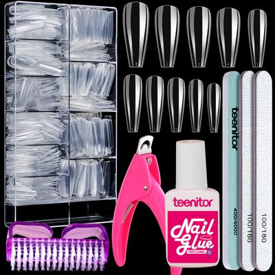 Teenitor Clear Coffin Nail Tips Set, Long Acrylic Nail Kit Full Cover Clear Press On Nails, 600 Pcs Fake Nails with Glue, Acrylic Nail Clipper Files and Buffer Polisher