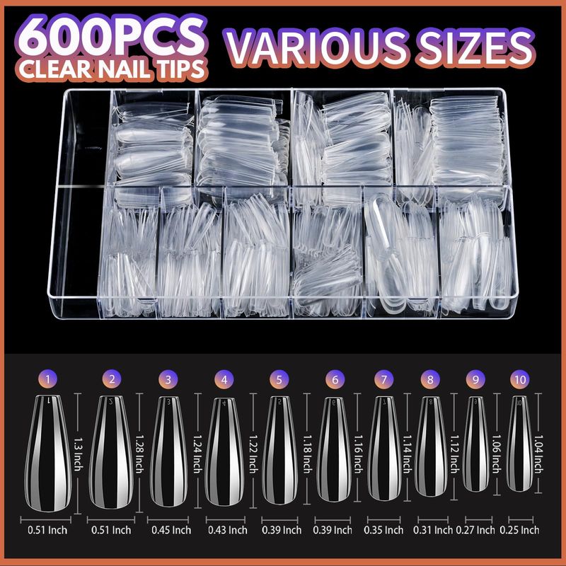 Teenitor Clear Coffin Nail Tips Set, Long Acrylic Nail Kit Full Cover Clear Press On Nails, 600 Pcs Fake Nails with Glue, Acrylic Nail Clipper Files and Buffer Polisher