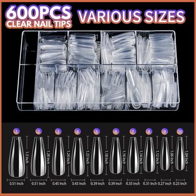 Teenitor Clear Coffin Nail Tips Set, Long Acrylic Nail Kit Full Cover Clear Press On Nails, 600 Pcs Fake Nails with Glue, Acrylic Nail Clipper Files and Buffer Polisher
