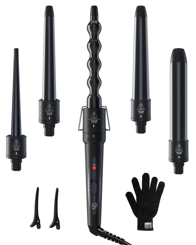 5 in 1 Curling Wand Set Ohuhu Curling Iron Wand 5Pcs 0.35 to 1.25 Inch Interchangeable Ceramic Barrel Heat Protective Glove 2 Clips Dual Voltage Hair Curler for Girls Women Mother Gift Black