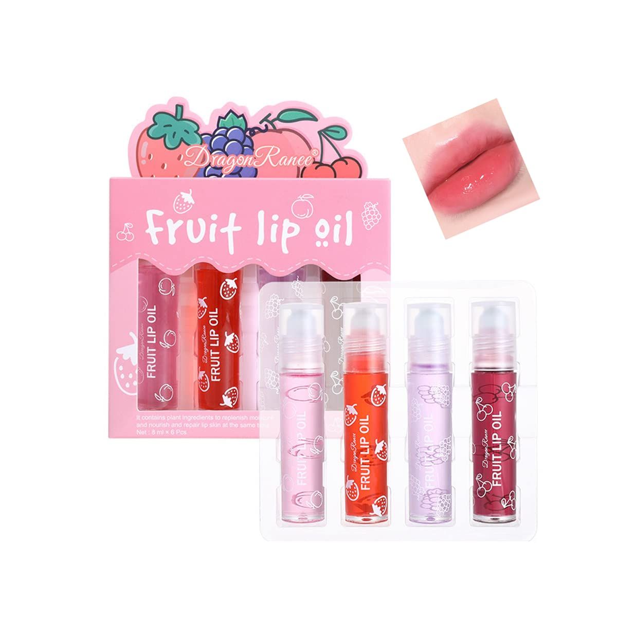 Pakivs 4 Pcs Fruit-Flavored Lip Gloss Set,Transparent Colorless Moisturizing Plumper Lip Lotion Rolling Ball Lip Oil Liquid Lipstick