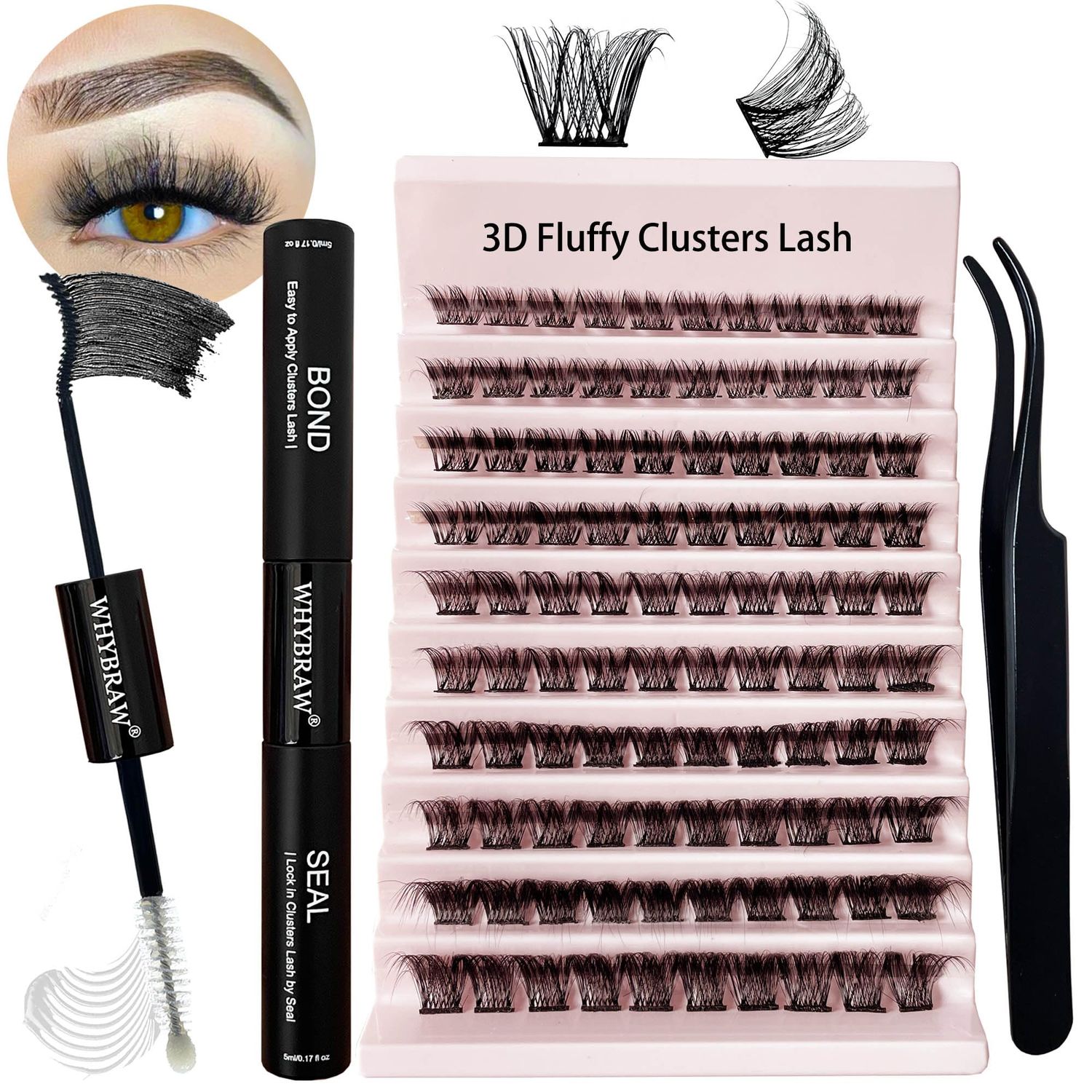 3D Flufffy Lash Extension Kit D Curl Lash Clusters WHYBRAW Eyelash Extension Kit with 7 Days Long Lasting Bond Lash Bond and Seal 120 Pcs Natural Individual Lashes Kit with Cluster Lash Tweezers