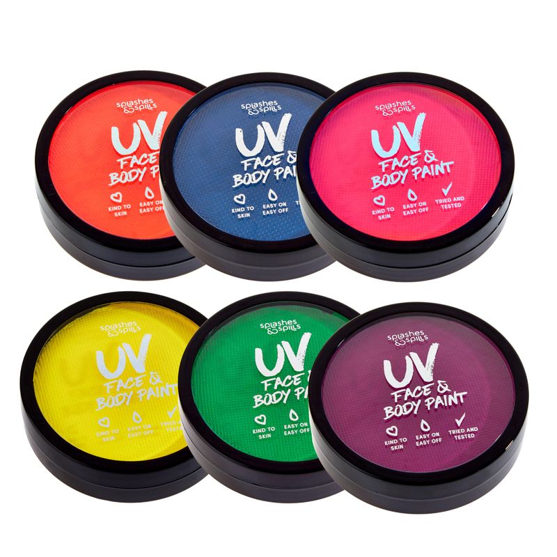 Water Activated UV Black Light Face and Body Paint - 6 Color Pack - Costume, Halloween and Club Makeup - Safe for all Skin Types - Easy On and Off - 18g Cakes - by Splashes &amp; Spills