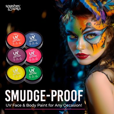 Water Activated UV Black Light Face and Body Paint - 6 Color Pack - Costume, Halloween and Club Makeup - Safe for all Skin Types - Easy On and Off - 18g Cakes - by Splashes &amp; Spills
