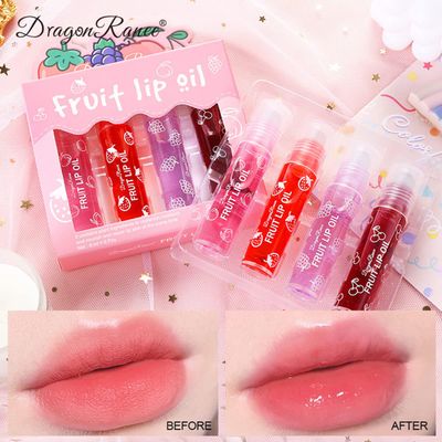 Pakivs 4 Pcs Fruit-Flavored Lip Gloss Set,Transparent Colorless Moisturizing Plumper Lip Lotion Rolling Ball Lip Oil Liquid Lipstick