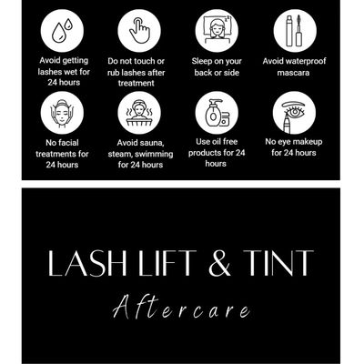 Lash Lift and Tint Aftercare Card | 50 Pack | 2x3.5 Inch Business Card Size | Lash Lift and Tint, Black &amp; White Simple Design with Illustration &amp; Instruction