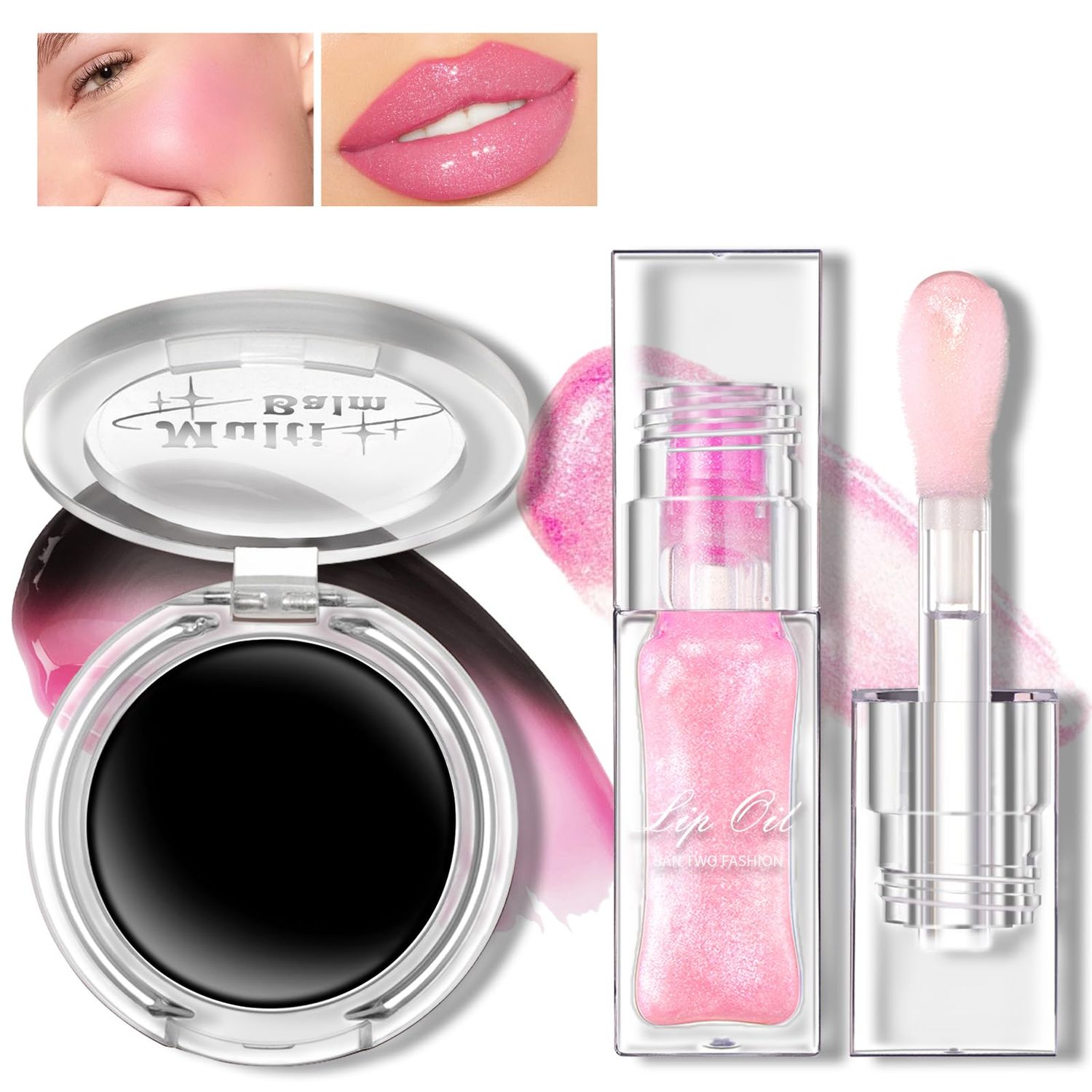 HOSAILY Magic Color Changing Lip Oil Blush Set, Plumping Glimmer Pink Glow Lipstick Moisturizing Transparent Bossup Lip Primer Gloss Tint &amp; Black to Pink Clear PH Cream Blush for Cheek Makeup