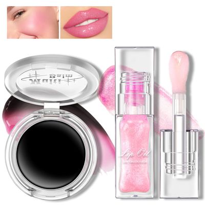 HOSAILY Magic Color Changing Lip Oil Blush Set, Plumping Glimmer Pink Glow Lipstick Moisturizing Transparent Bossup Lip Primer Gloss Tint &amp; Black to Pink Clear PH Cream Blush for Cheek Makeup