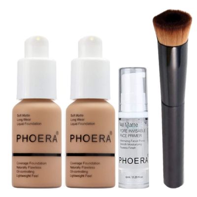 Phoera Foundation Full Coverage Makeup Set - Includes x2 Sand 30ml Matte Foundation, 6ml Face Primer &amp; Liquid Foundation Brush for Easy Application
