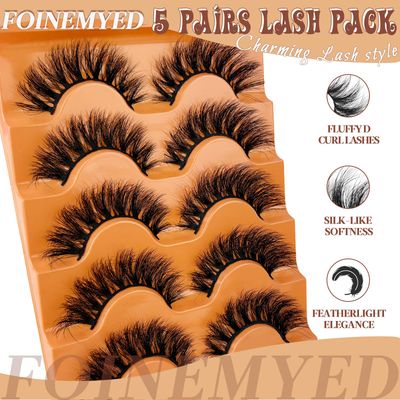 Faux Mink Lashes Fluffy 3D False Eyelashes 18mm Wispy Volume Lashes that Look Like Extensions 5 Pairs Strip Lashes by FOINEMYED