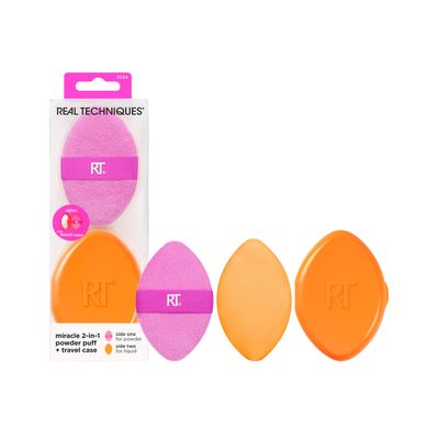 Real Techniques Miracle 2-In-1 Powder Puff  Travel Case, Dual-Sided Makeup Blending Puff, Elastic Band, Precision Makeup Sponge &amp; Powder Puff, For Liquid, Cream &amp; Powders, Travel Case, 2 Count