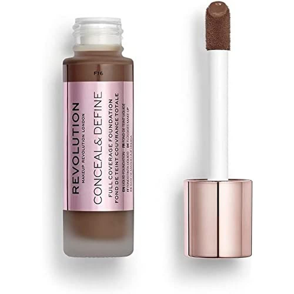 Makeup Revolution Conceal &amp; Define Foundation, Cream Foundation Makeup, Full Coverage, For Dark Skin Tones, Vegan &amp; Cruelty-Free, F16, 23ml