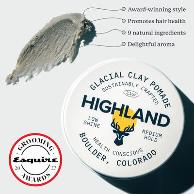 Highland Glacial Hair Clay Pomade - Award winning hair styling clay for men and women made with 100% all natural and organic ingredients that promote hair and scalp health. Low shine, Medium Hold.