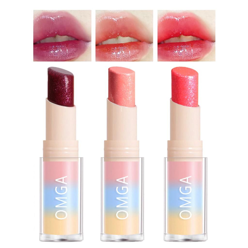 Blopuivo Glitter Lip Gloss Mermaid Lipstick, 3 Colors Moisturizing Lip Balm Glitter PH Lip Glaze