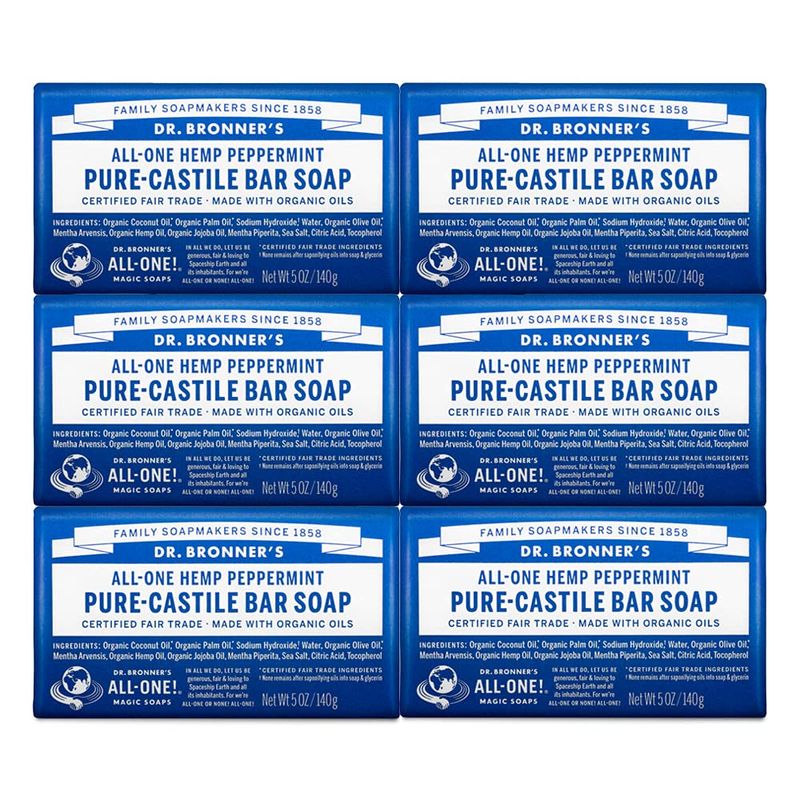 Dr. Bronner&#39;s - Pure-Castile Bar Soap (Peppermint, 5 ounce, 6-Pack) - Made with Organic Oils, For Face, Body &amp; Hair, Gentle &amp; Moisturizing, Biodegradable, Vegan, Cruelty-free, Non-GMO