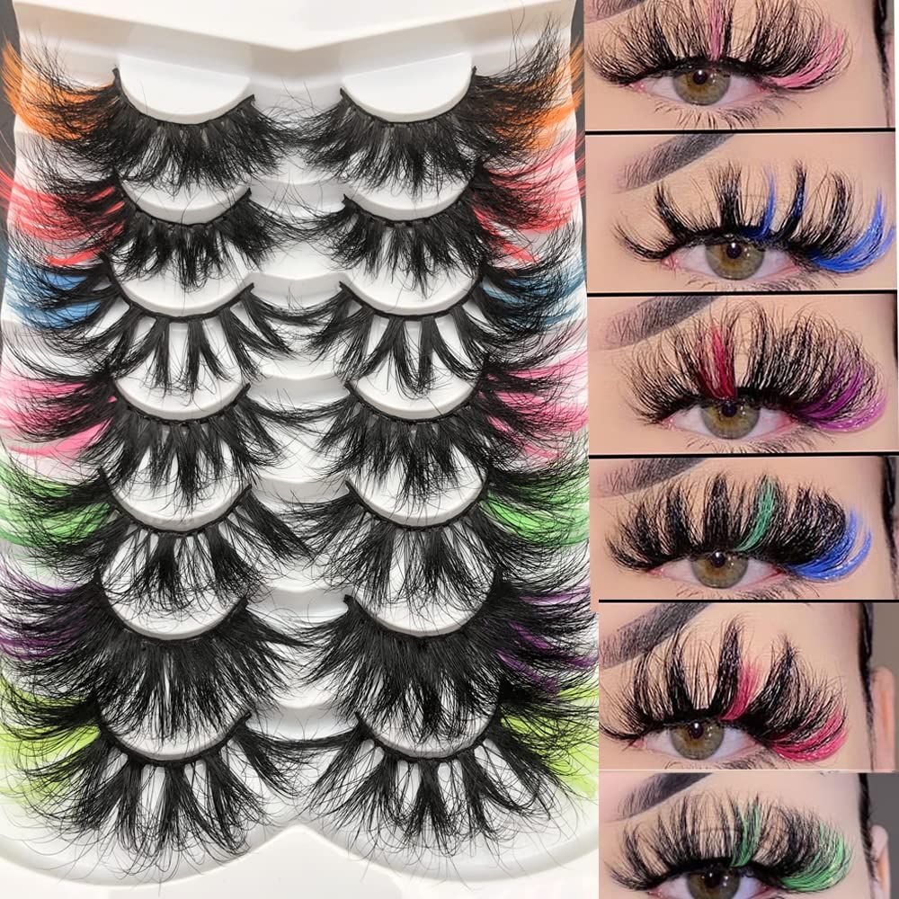 Mikiwi 25mm Colored Mink Lashes Pack, 7 Pairs Mix Color Drametic Long 25mm Real Mink Eyelashes With Color on end, Fluffy Mink Colored Eyelashes, Colorful Lashes With OrangeRedPinkBlueGreenPurple