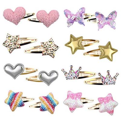 Gingbiss Hair Clips for Girls - 8 Pairs of Star, Crown, Heart, Butterfly Shaped Barrettes and Pins - Metal Snap Accessories for Styling Kids&#39; Hair