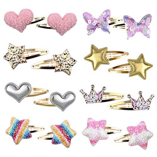 Gingbiss Hair Clips for Girls - 8 Pairs of Star, Crown, Heart, Butterfly Shaped Barrettes and Pins - Metal Snap Accessories for Styling Kids' Hair