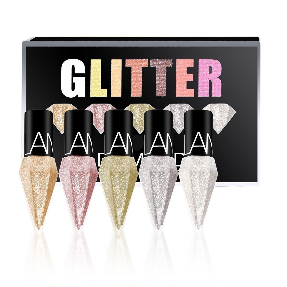 FUFANMEI Glitter Liquid Eyeliner Colorful Set, 5 Colors Metallic Shimmer White Silver Gold Diamond Eye Liner for Women Girl Long Lasting Professional Smudge Proof, Natural Perfect Eye Makeup Glitter
