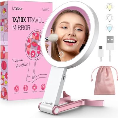 LitBear Travel Makeup Mirror with Lights, Rechargeable Double Sided 10X 1X Magnifying Mirror, Portable Lighted Beauty Mirror, 3 Color Lighting, Dimmable Touch Screen, Tabletop Handhold Hanging
