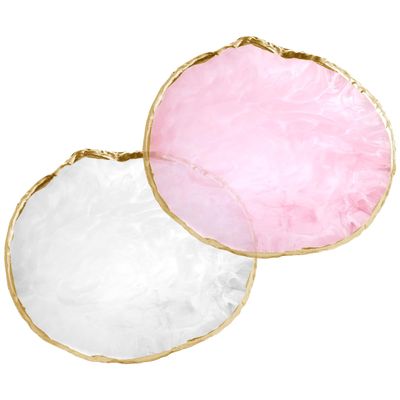2 Pcs Resin Nail Art Palette, Gold Edge Nail Polish Color Tool, Round Nail Painting Display Tray Nail Art Accessories for Nail DIY Supplies (White Pink)
