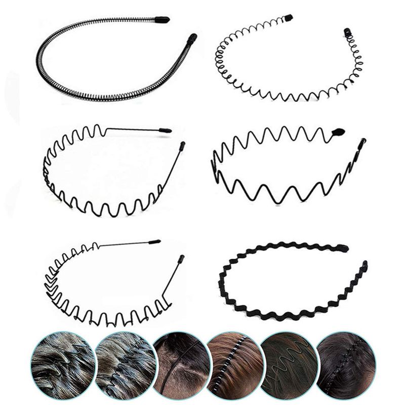 JERLITU Metal Hair Band - 6 Pieces Metal Headband for Men and Women, Adjustable, Durable, Wavy Hairband, Hair Bands for Sports, Fashion, Unisex, Black, Elastic, 6 Count