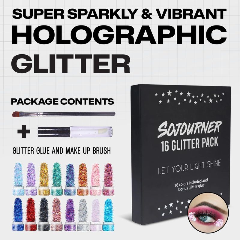 Chunky Holographic Body Glitter I 16 Colors  Glitter Glue for Face Glitter Makeup, Hair, Eye &amp; Fine Glitter Eyeshadow - Perfect for Halloween, Slime, Resin, Tumblers, Craft, Cosmetic &amp; Nail Art
