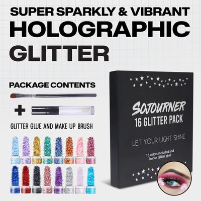 Chunky Holographic Body Glitter I 16 Colors  Glitter Glue for Face Glitter Makeup, Hair, Eye &amp; Fine Glitter Eyeshadow - Perfect for Halloween, Slime, Resin, Tumblers, Craft, Cosmetic &amp; Nail Art