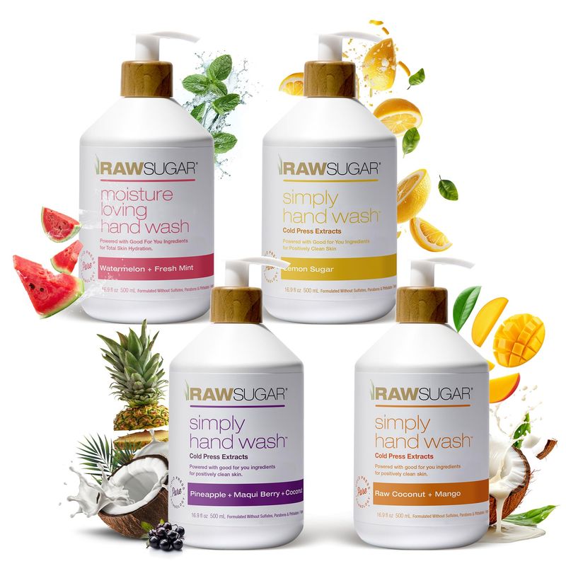 RAW SUGAR Hand Wash Variety Bundle - Lemon Sugar, Watermelon  Fresh Mint, Pineapple  Maqui Berry  Coconut &amp; Raw Coconut  Mango, Formulated without Sulfates &amp; Parabens (16.9 fl. oz, Pack of 4)