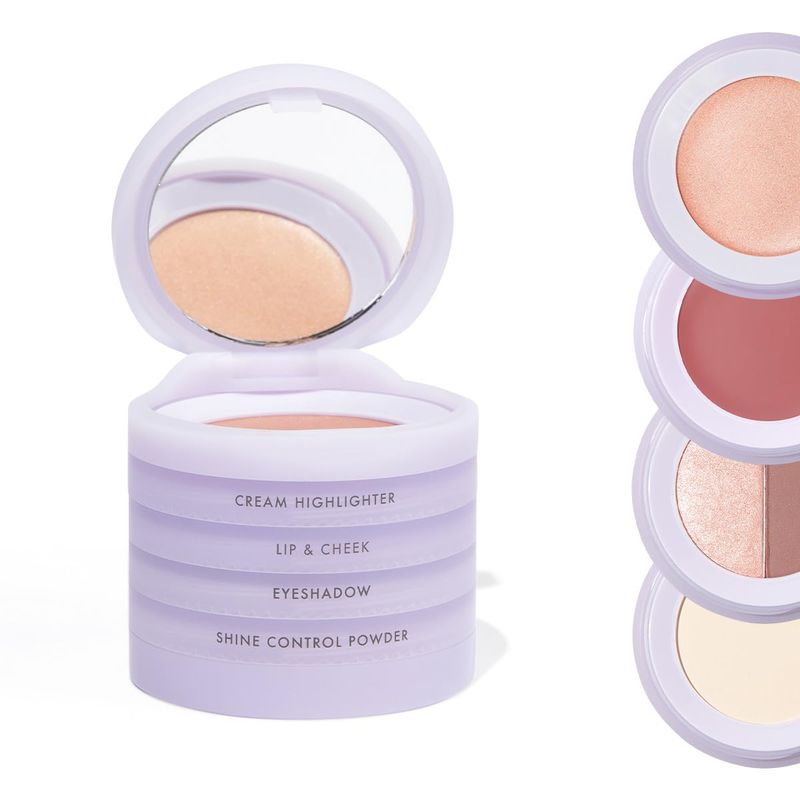 Subtl Beauty 4-in-1 travel makeup kit by subtl staks | eyeshadow duo, shine control powder, cream highlighter, lip and cheek | includes mirror lid and mini brush | stackable makeup designed for travel