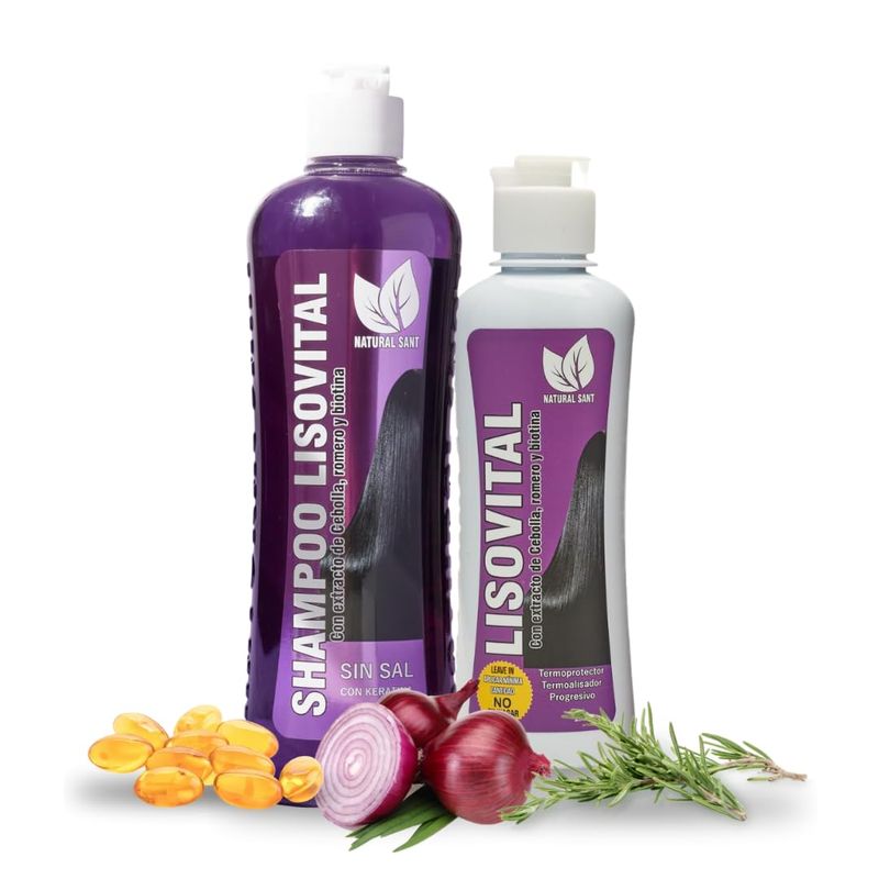 Natural Sant - Liso Vital duo kit - Shampoo &amp; Leave-In Conditioner, Anti Frizz, Heat Protectant for Hair with Red onion extract, Biotin &amp; Rosemary