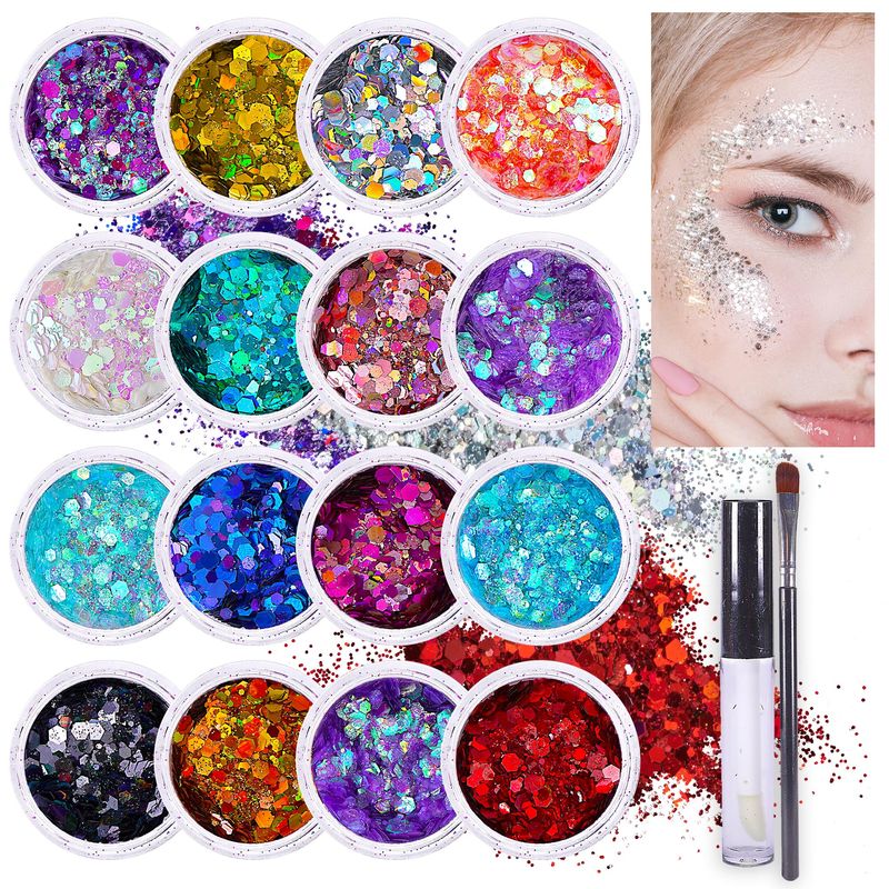 Chunky Holographic Body Glitter I 16 Colors  Glitter Glue for Face Glitter Makeup, Hair, Eye &amp; Fine Glitter Eyeshadow - Perfect for Halloween, Slime, Resin, Tumblers, Craft, Cosmetic &amp; Nail Art