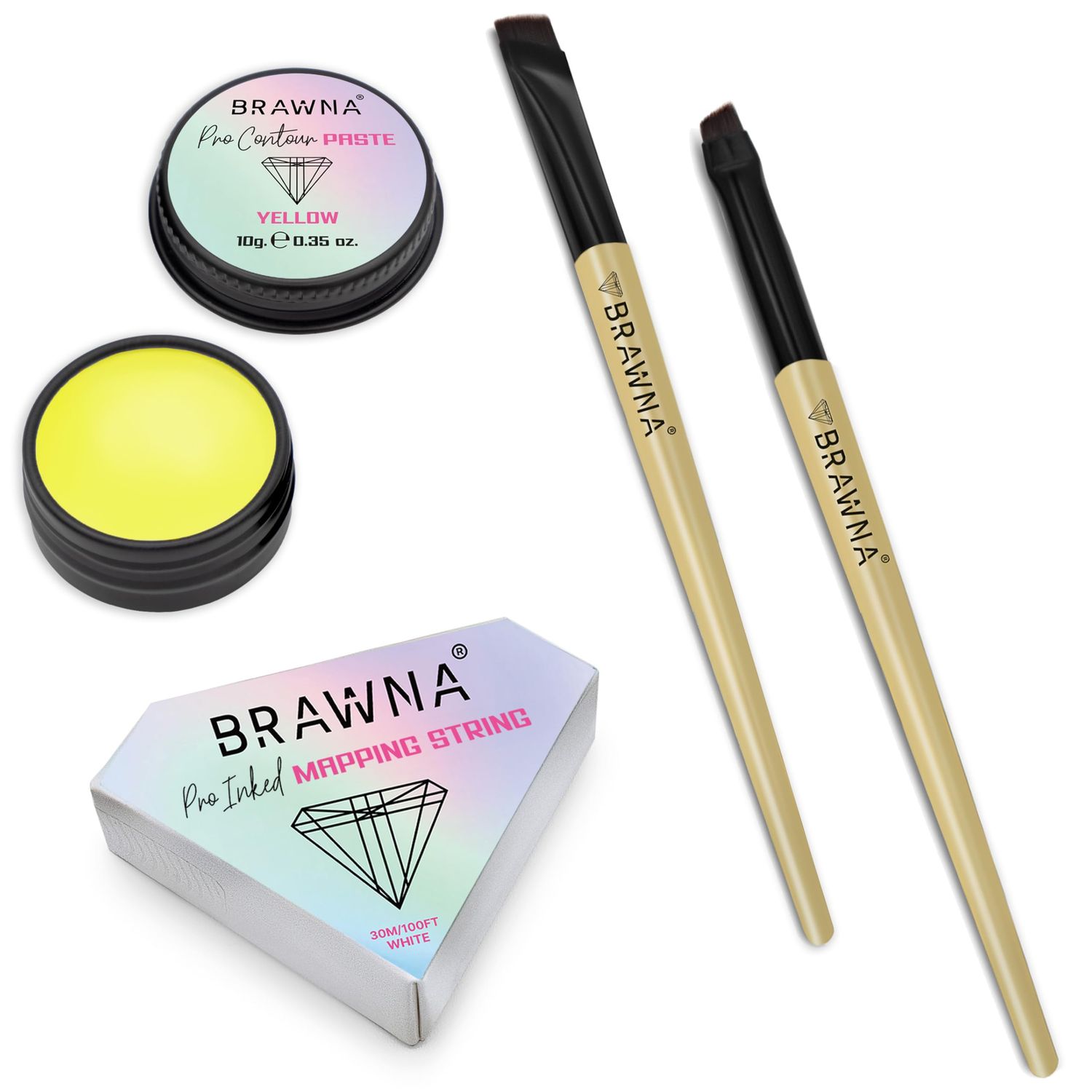 BRAWNA Pro PMU Mapping Kit for Eyebrows and Lips, 1 Contour Yellow Mapping Paste, 1 Yellow Mapping String, 1 Angled Eyebrow Brush