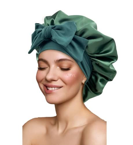 Satin Silk Hair Bonnet for Sleeping Large Bonnets with Tie Band Hair Wrap with Adjustable Straps Hair Cap Night Sleep Caps for Women Curly Braid Hair Hunter Green
