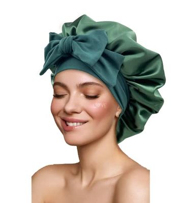 Satin Silk Hair Bonnet for Sleeping Large Bonnets with Tie Band Hair Wrap with Adjustable Straps Hair Cap Night Sleep Caps for Women Curly Braid Hair Hunter Green