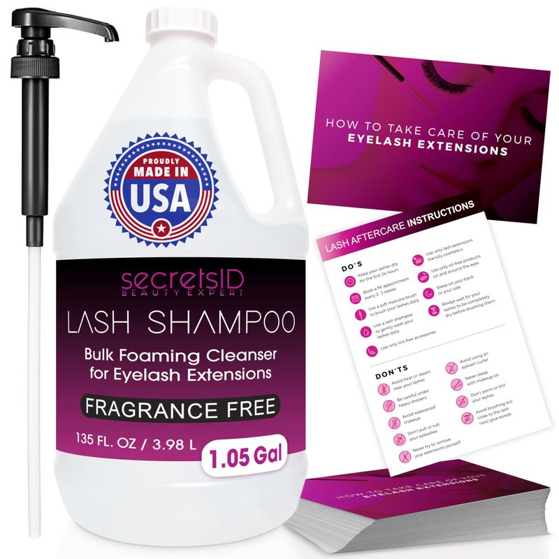 SecretsID Lash Shampoo Bulk for Professional Lash Extension | 1 Gallon with 50 Lash Aftercare Cards | Eyelid Foaming Cleanser | Salon Lash Cleanser and Makeup Remover (Fragrance-Free)