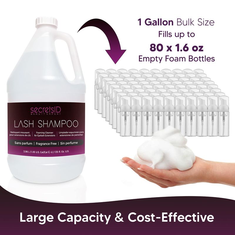 SecretsID Lash Shampoo Bulk for Professional Lash Extension | 1 Gallon with 50 Lash Aftercare Cards | Eyelid Foaming Cleanser | Salon Lash Cleanser and Makeup Remover (Fragrance-Free)
