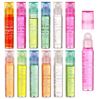 Expressions 12pc Roll On Lip Gloss Set with Carrying Case, Glossy Lip Make-up for Kids and Teens - Fruity Flavors, Non Toxic, Kid Friendly, Party Gift, Best Friends