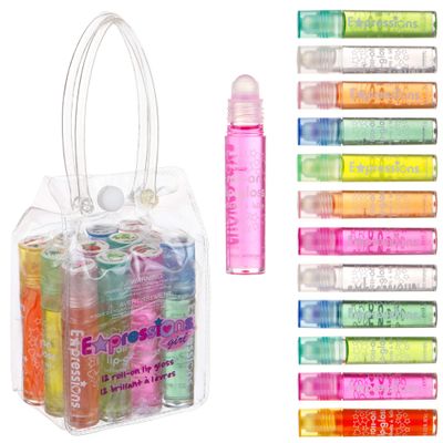 Expressions 12pc Roll On Lip Gloss Set with Carrying Case, Glossy Lip Make-up for Kids and Teens - Fruity Flavors, Non Toxic, Kid Friendly, Party Gift, Best Friends