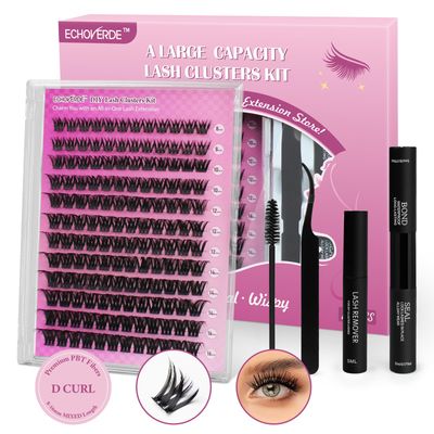 EchoVerde Lash Extension Kit 8-16mm.Natural Volume Lash Clusters.Wide Band Lash Lift Kit. Eyelash Extension Kit with Lash Bond and Seal Waterproof, Remover, Tweezers&amp;Eyelash Comb(0.07D,144pcs, D Curl)