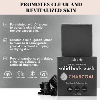 Kitsch Charcoal Soap Bar - Black Soap Bar for Detoxifying Skin | Charcoal Bar Soap for Men | Activated Charcoal Soap for Women Made in USA | Carbonic Soap Bar &amp; Vegan Black Bar Soap for Oily Skin, 4oz