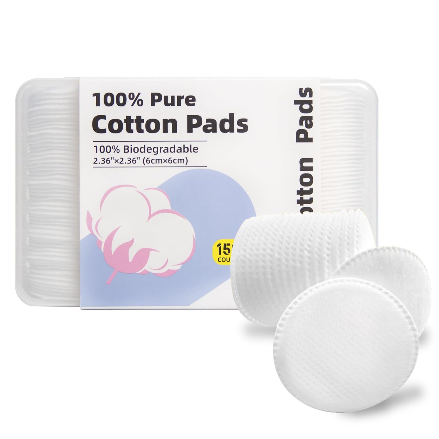 Boxed 100% Cotton Rounds for Face (150 Count), Dual-Texture, Soft, Lint-Free Makeup Remover Pads, Hypoallergenic, Highly Absorbent
