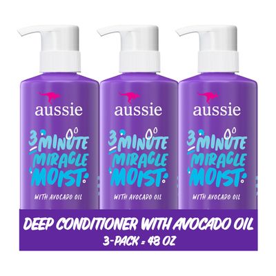 Aussie 3 Minute Miracle Moist Deep Conditioner for Dry Hair, Avocado &amp; Jojoba Oil, Safe for Color Treated Hair, Nourishing Hydration, Silky Shine, Paraben-Free, 16 Fl Oz Each, Triple Pack