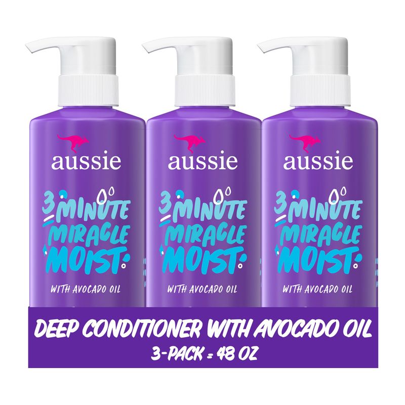 Aussie 3 Minute Miracle Moist Deep Conditioner for Dry Hair, Avocado &amp; Jojoba Oil, Safe for Color Treated Hair, Nourishing Hydration, Silky Shine, Paraben-Free, 16 Fl Oz Each, Triple Pack